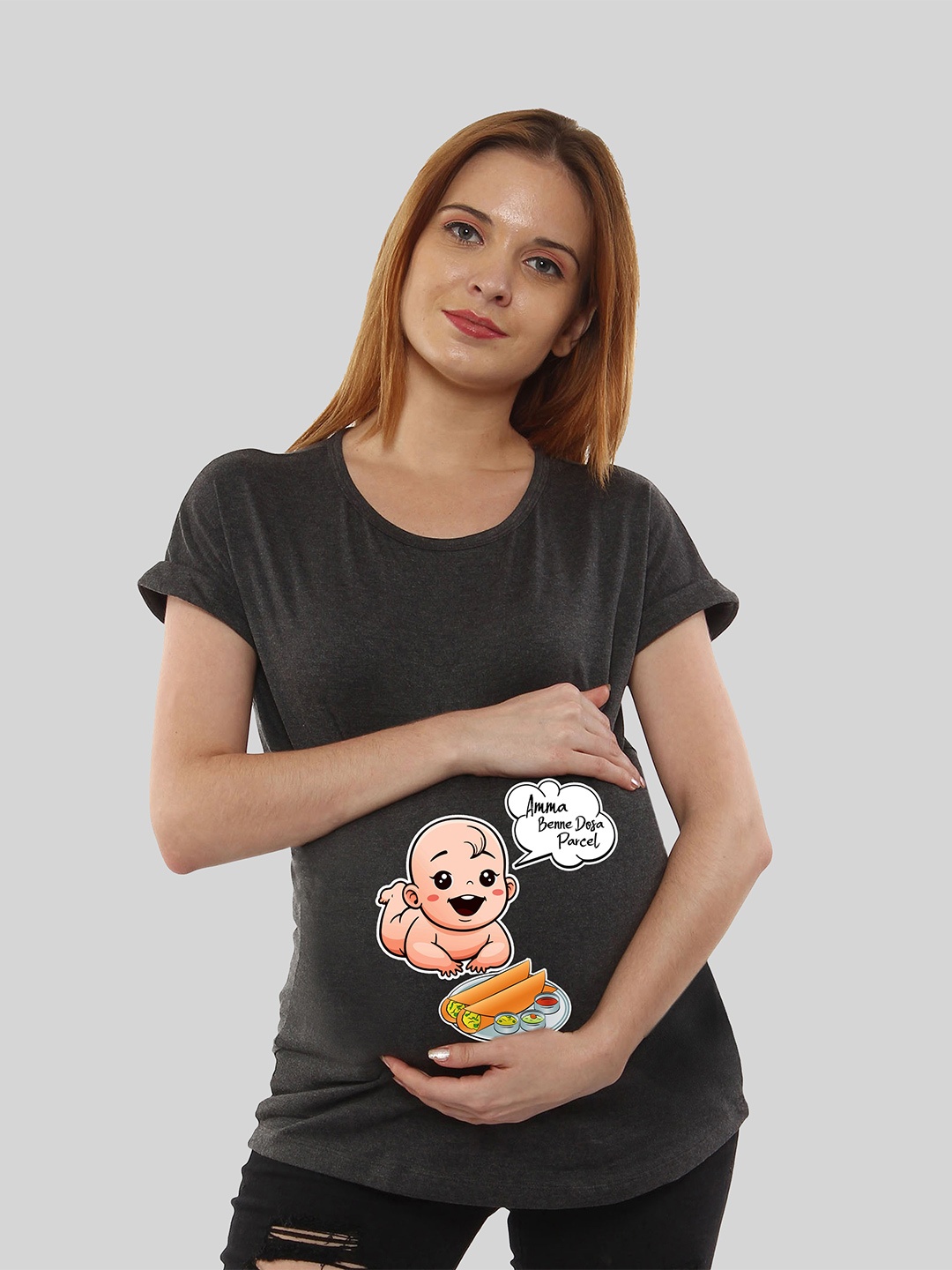 

SillyBoom Graphic Printed Cotton Extended Sleeves Maternity T-shirt, Charcoal