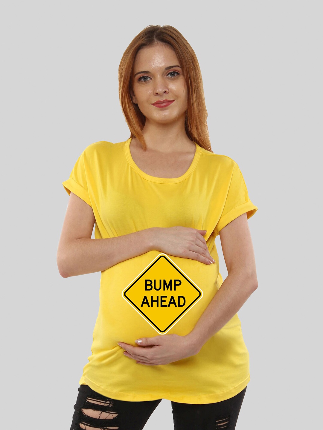 

SillyBoom Typography Printed Extended Sleeves Cotton Maternity T-shirt, Yellow