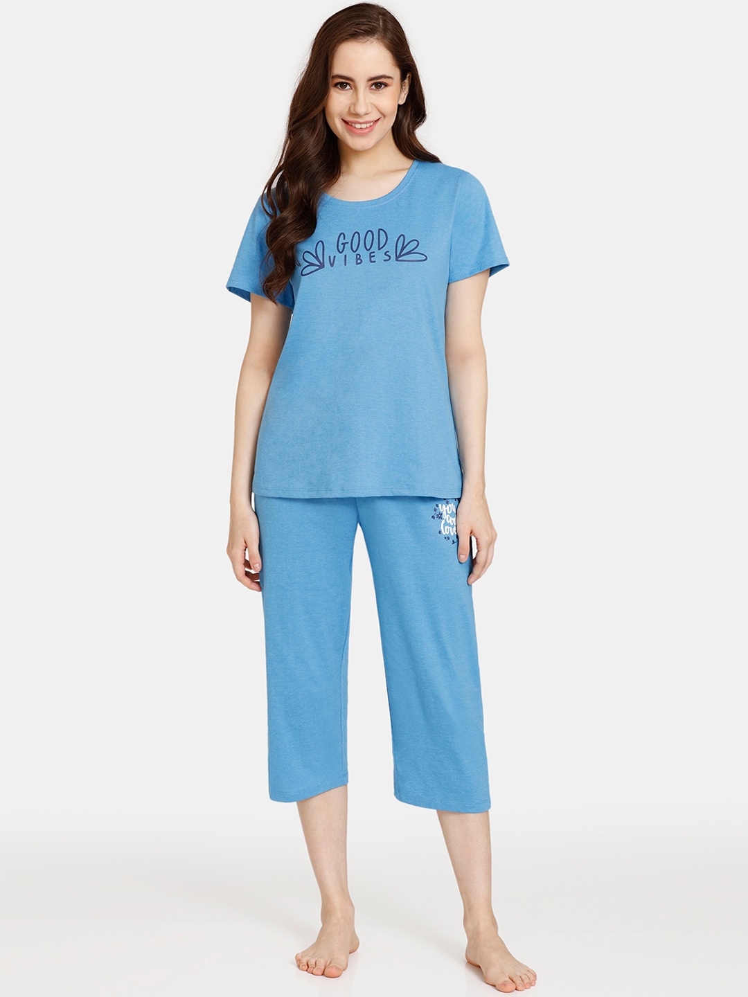 

Rosaline by Zivame Typography Printed Pure Cotton Night Suit, Blue