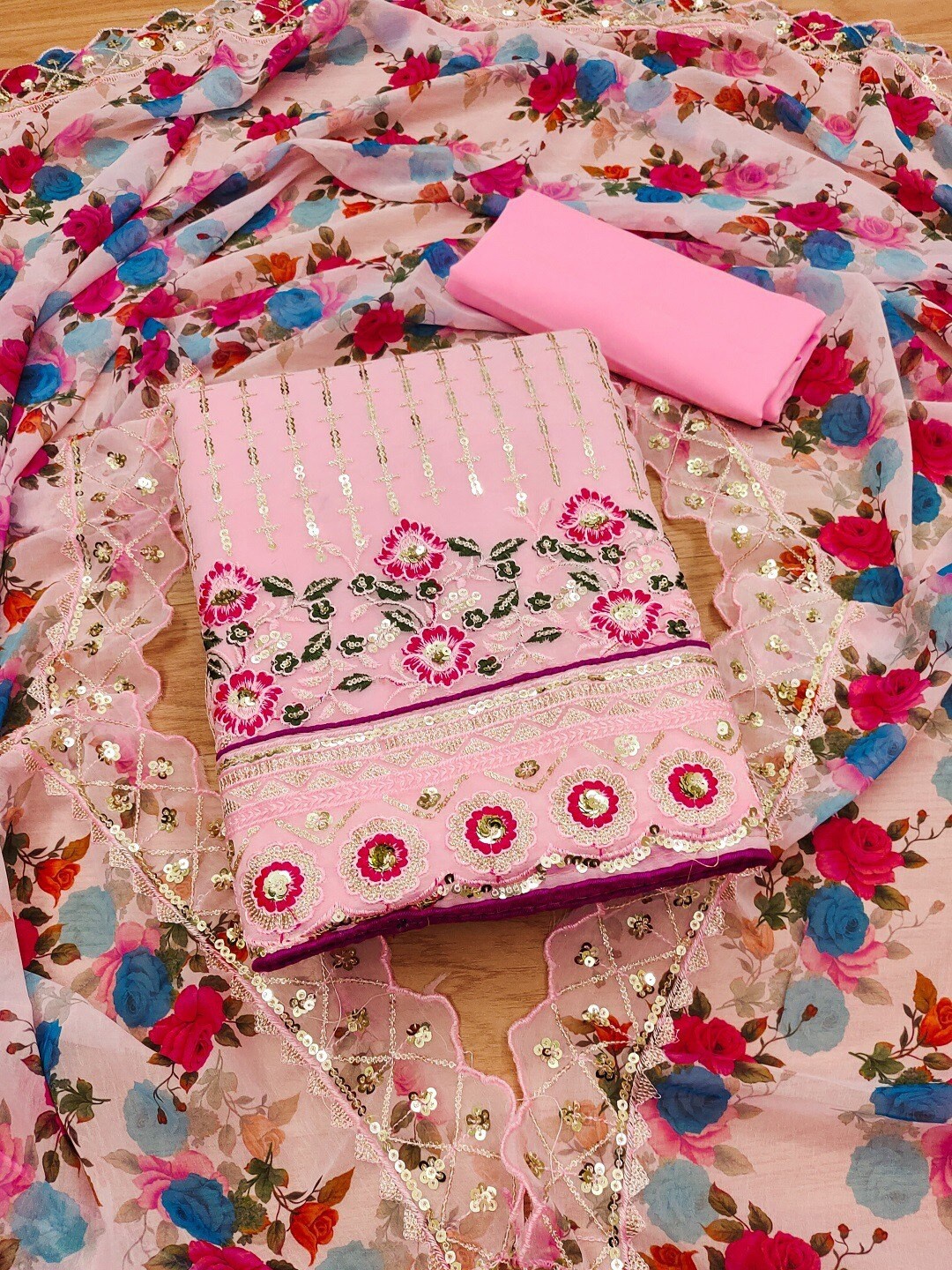 

KALINI Embroidered Sequinned Unstitched Dress Material, Pink