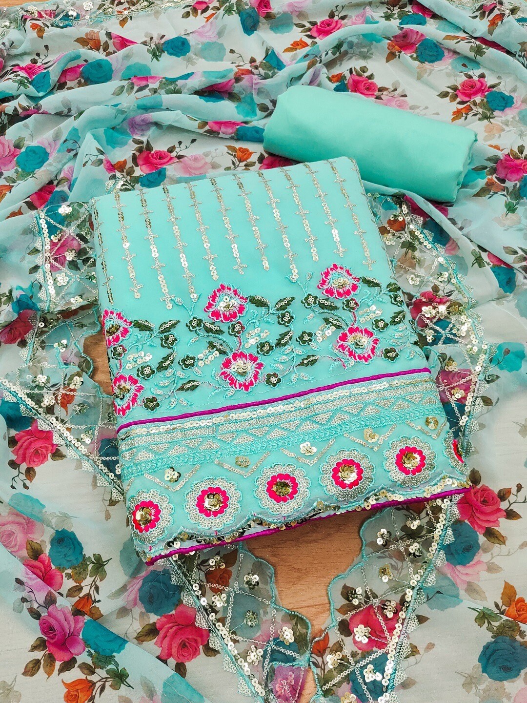 

KALINI Embroidered Unstitched Dress Material, Blue