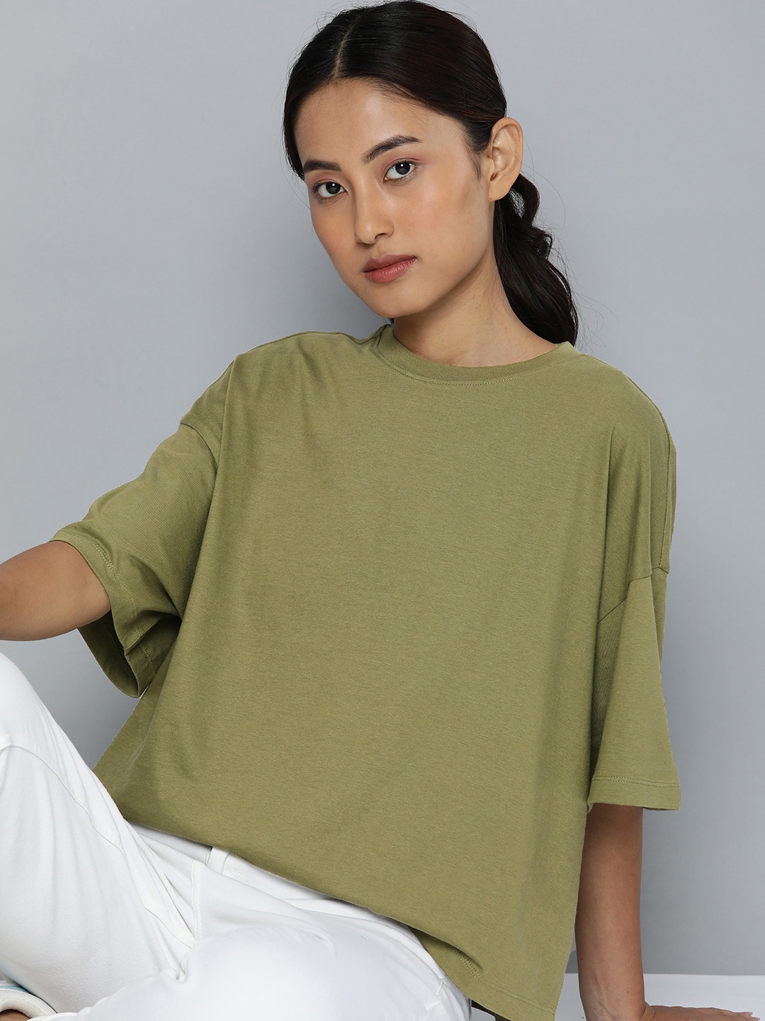 

ether Drop-Shoulder Sleeves Boxy T-shirt, Olive