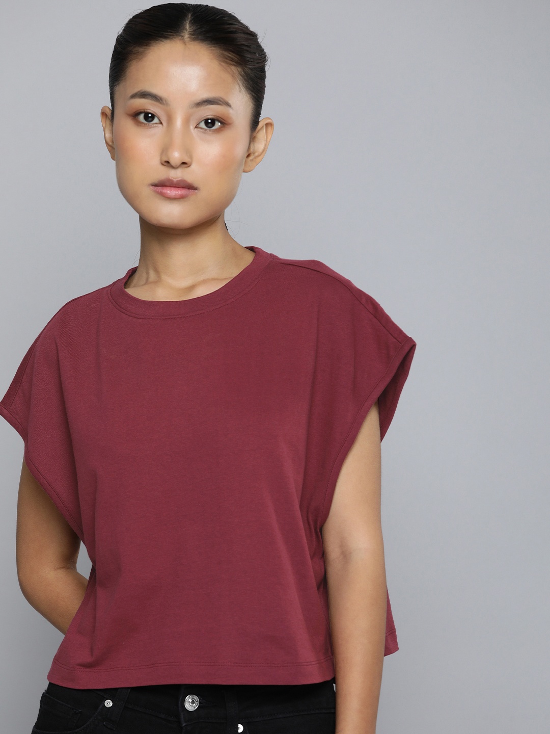 

ether Solid Cotton Boxy T-shirt, Maroon