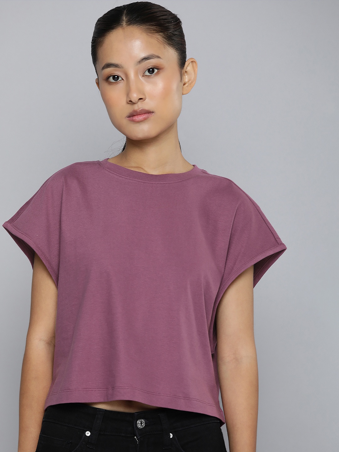 

ether Solid Extended Sleeves Cotton Boxy T-shirt, Mauve