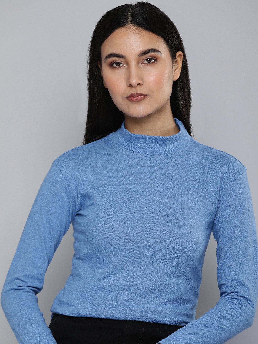 

ether Solid High Neck Cotton T-shirt, Blue