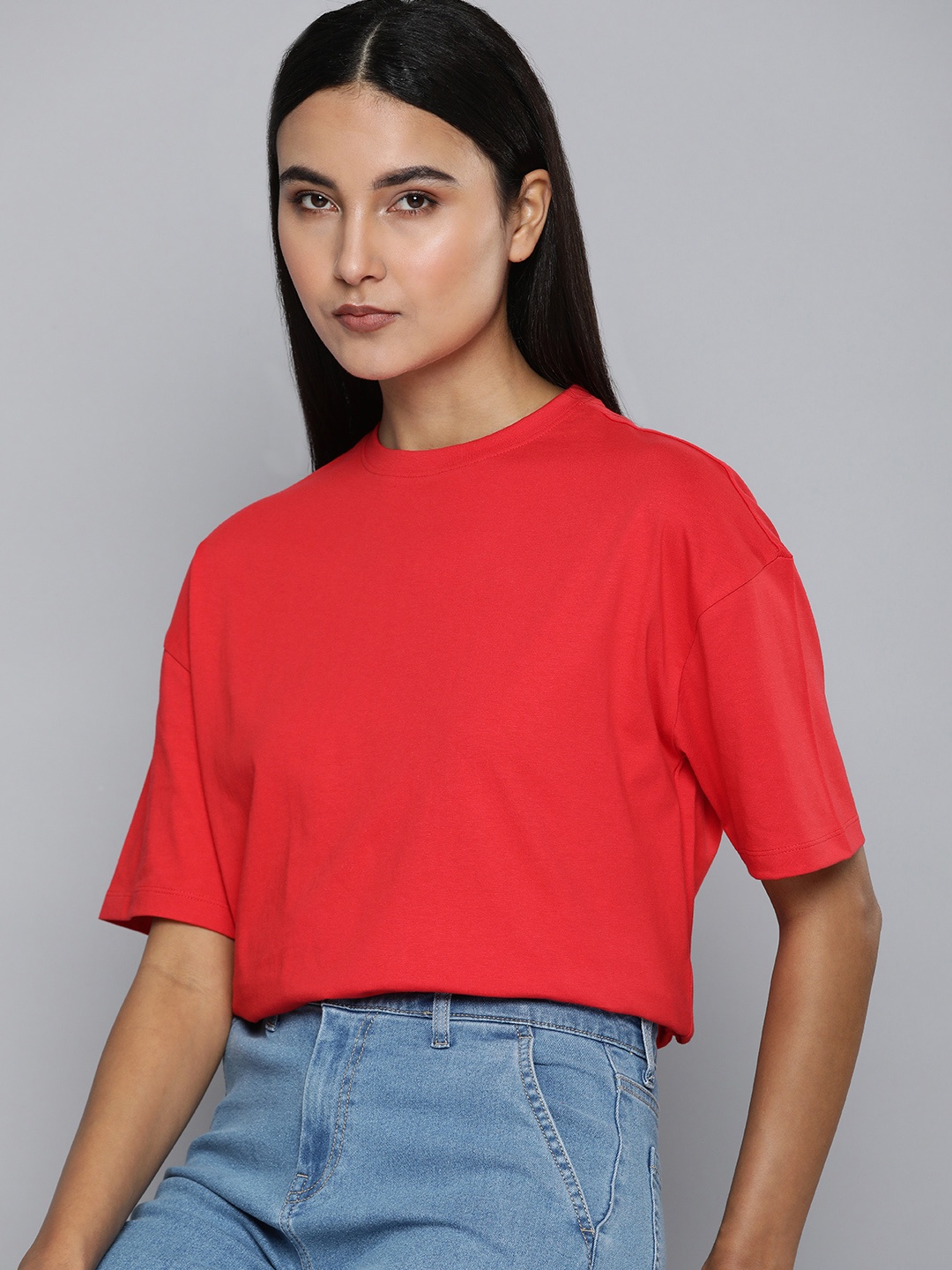 

ether Solid Pure Cotton Boxy T-shirt, Red