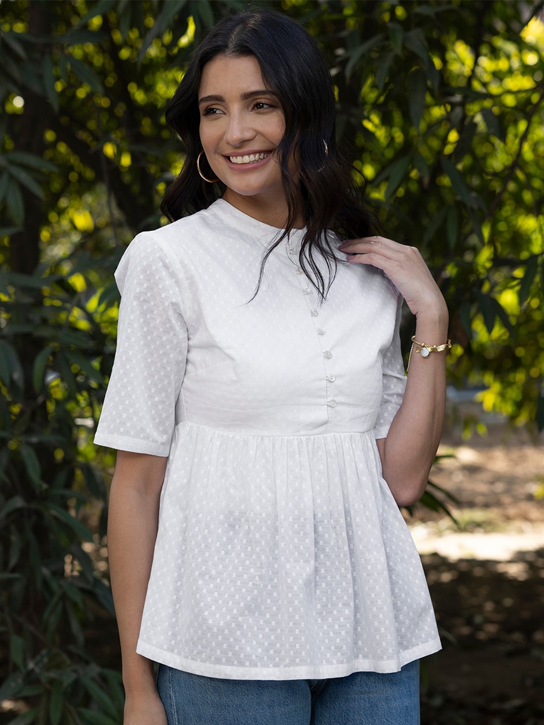 

Pink Fort Self Design Mandarin Collar Peplum Pure Cotton Top, White