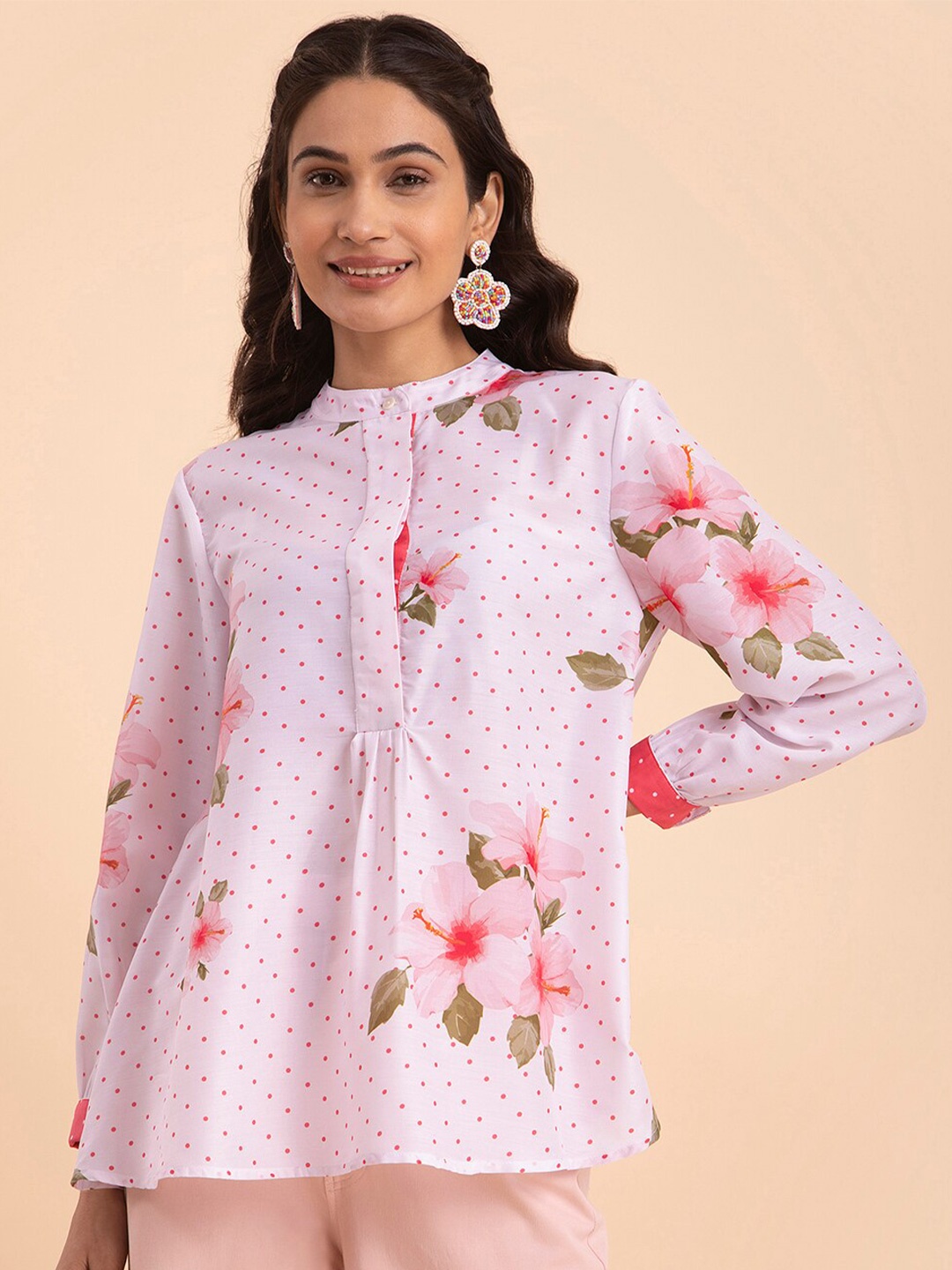 

Pink Fort Floral Printed Mandarin Collar A-line Top, White