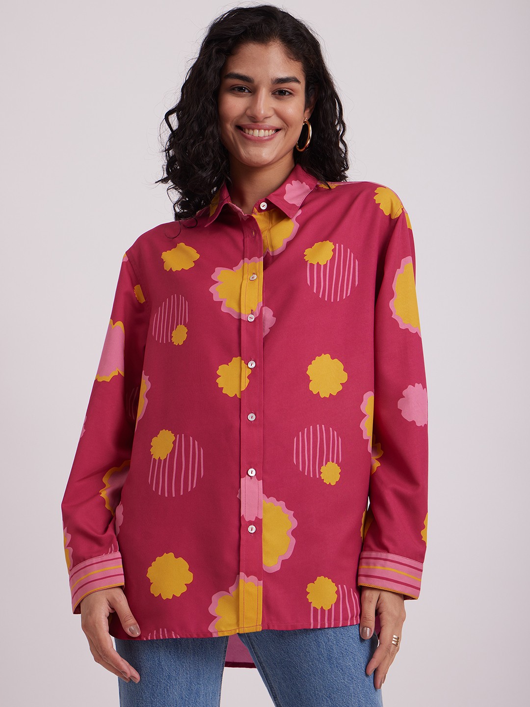 

Pink Fort Floral Printed Shirt Style Longline Top