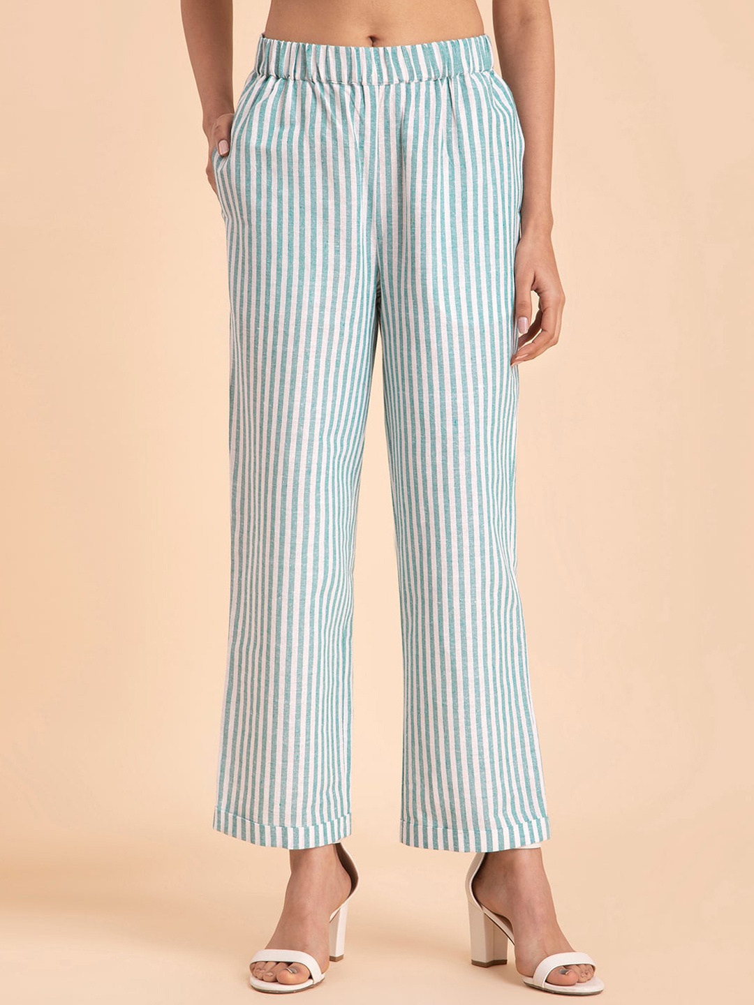 

Pink Fort Women Striped Smart Straight Fit Trousers, Blue