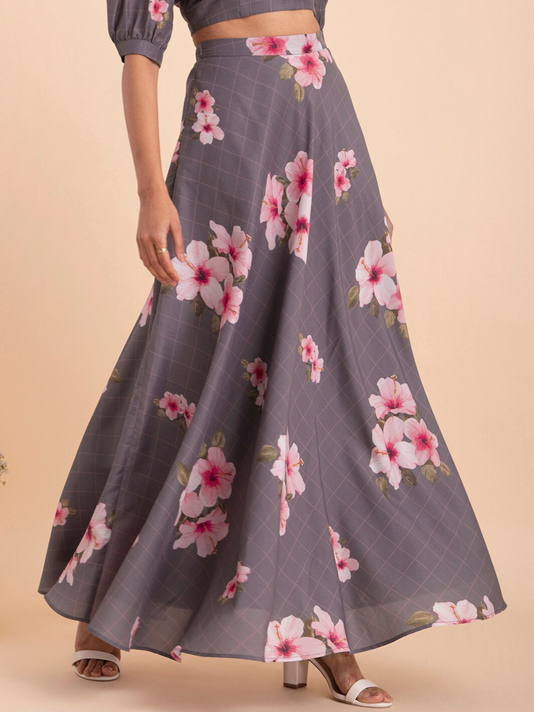 

Pink Fort Floral Printed Flared Maxi Skirt, Grey
