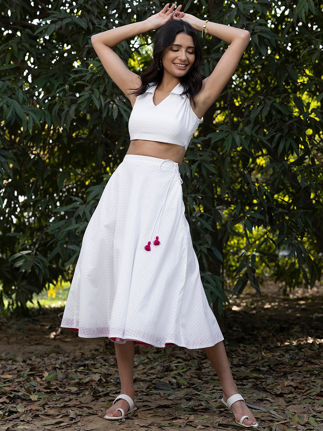 

Pink Fort Self Design Crop Pure Cotton Top with Skirt, White
