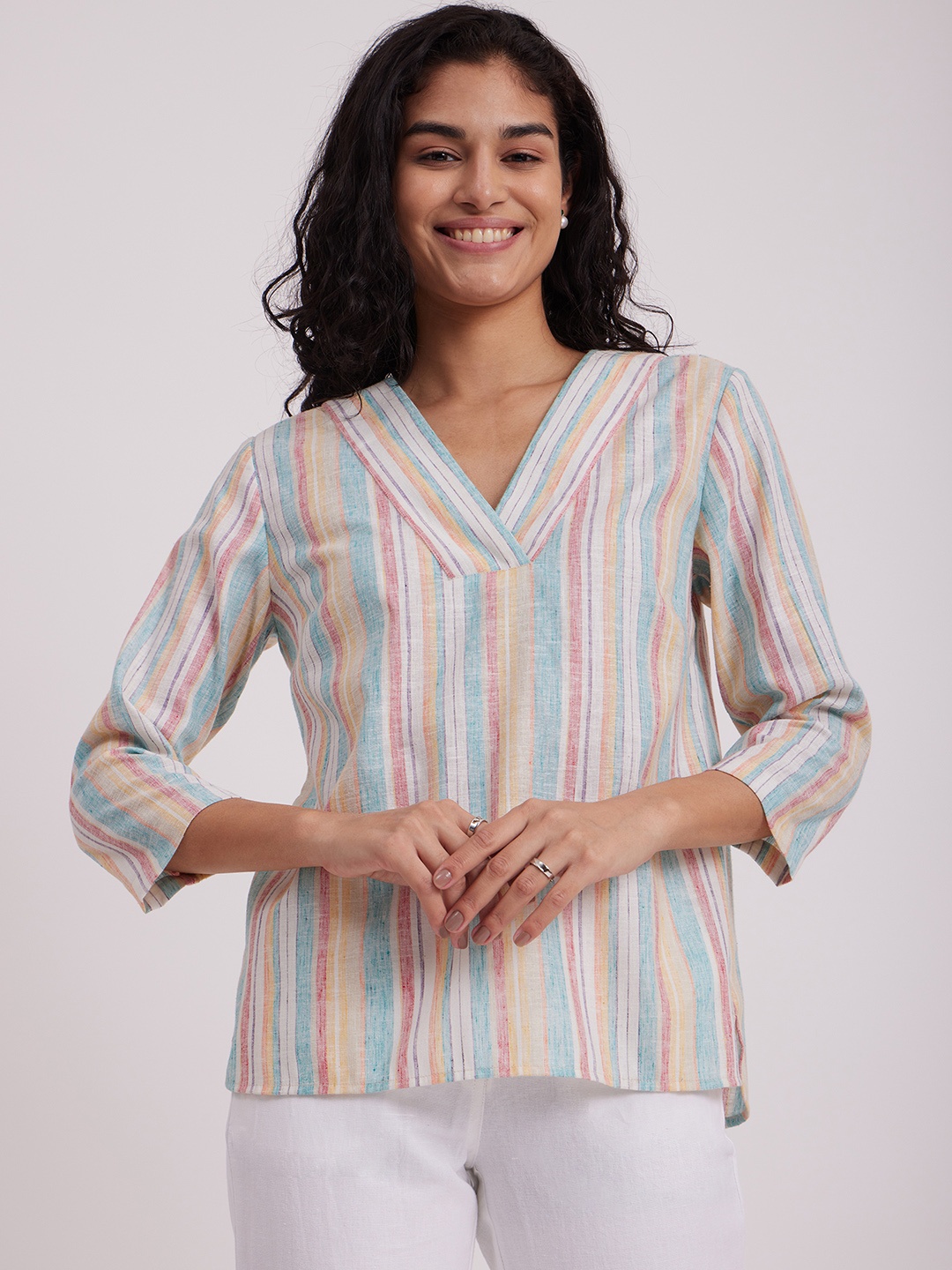 

Pink Fort V-neck Striped Pure Cotton Shirt Style Top, Blue