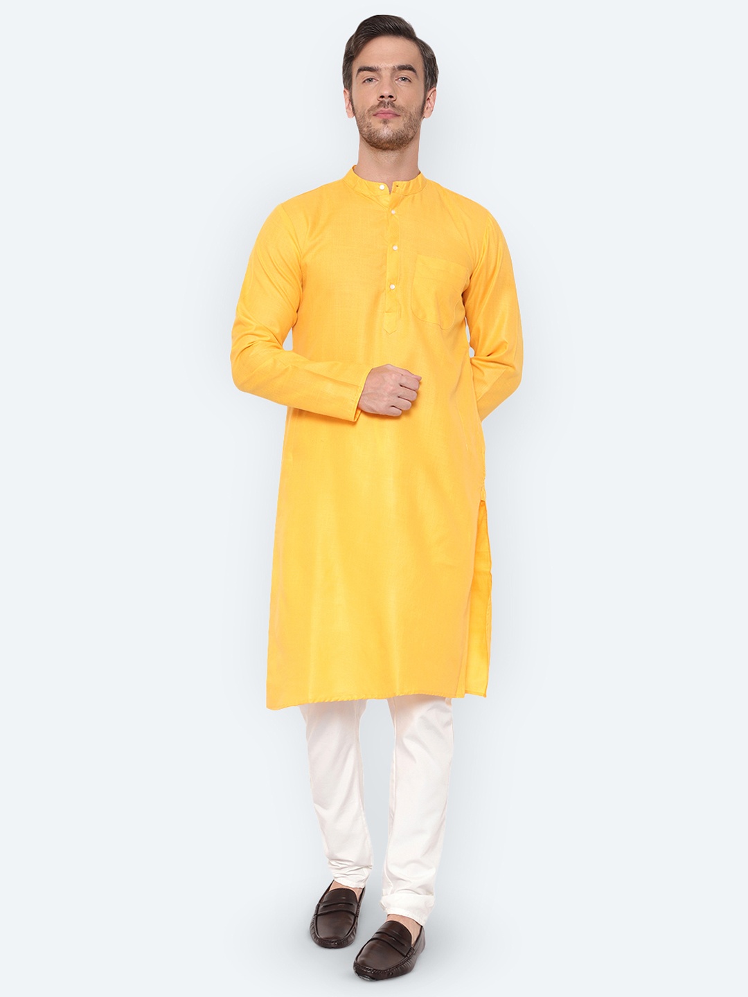 

Latest Chikan Garments Mandarin Collar Long Sleeves Cotton Kurta, Yellow