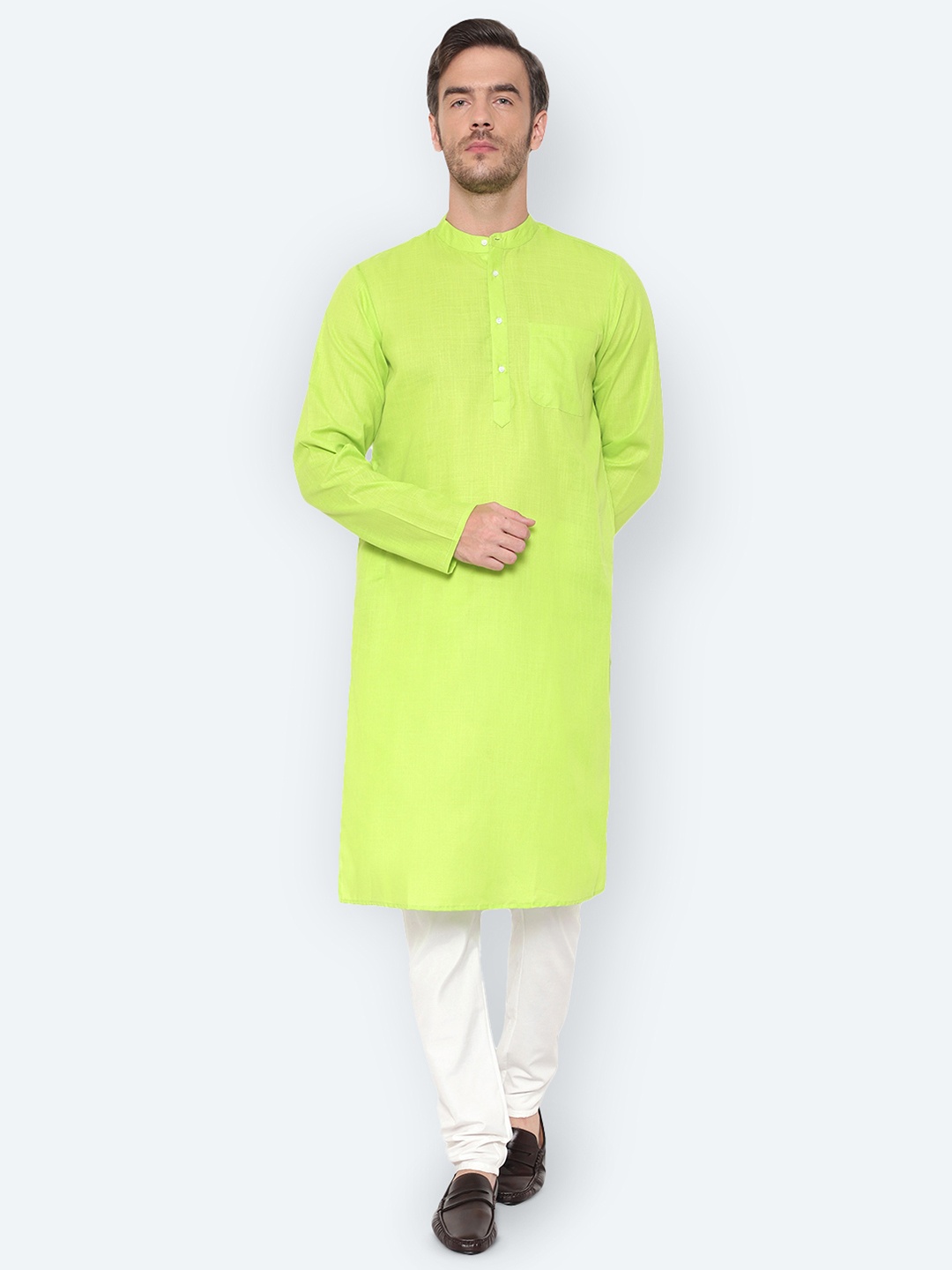 

Latest Chikan Garments Mandarin Collar Long Sleeves Cotton Kurta, Green