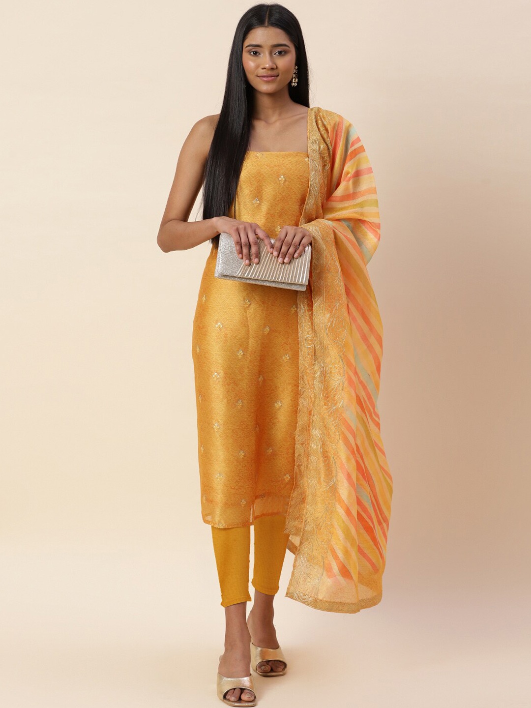

Meena Bazaar Printed Art Silk Unstitched Dress Material, Mustard