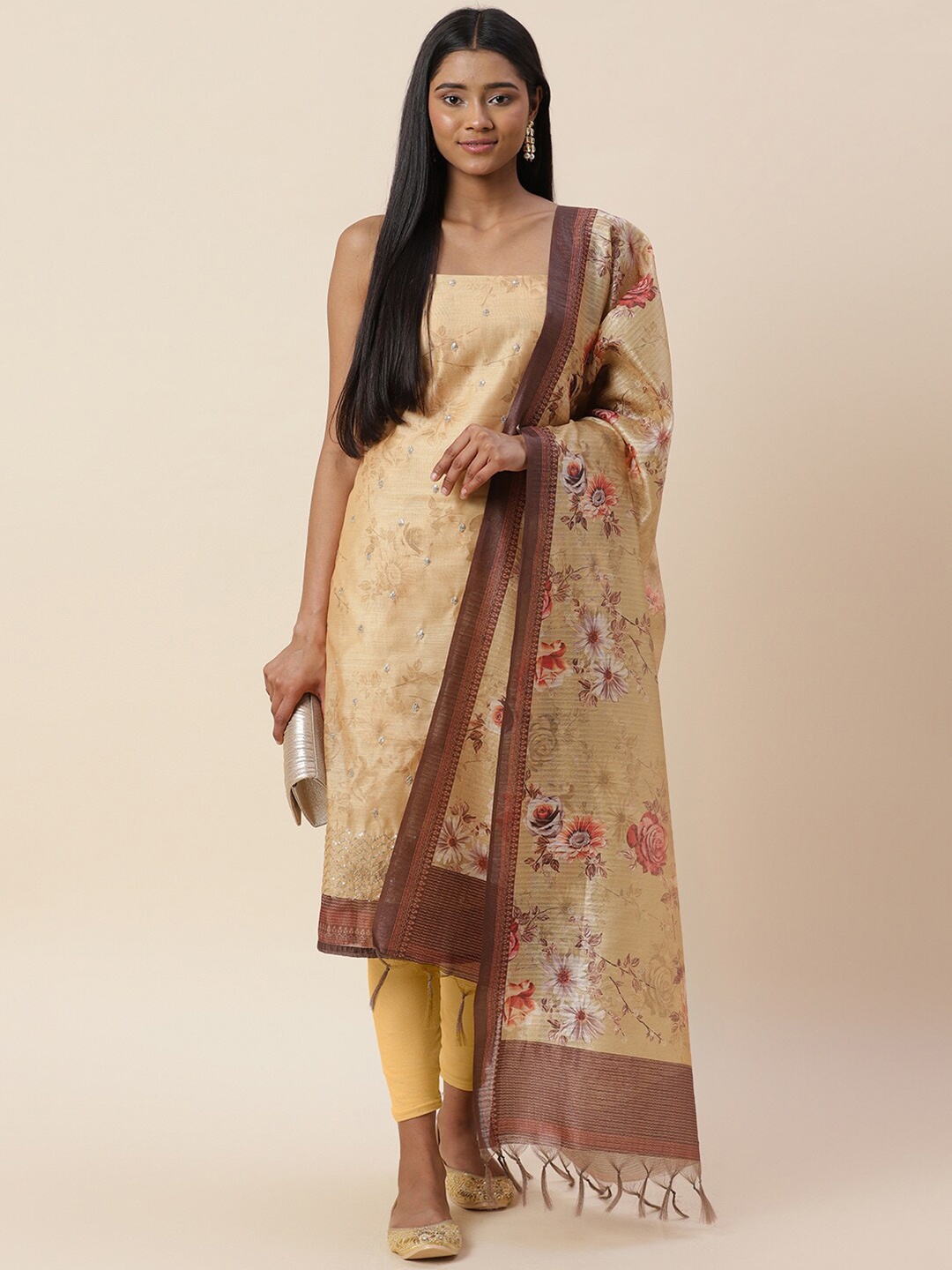 

Meena Bazaar Printed Art Silk Unstitched Dress Material, Mustard
