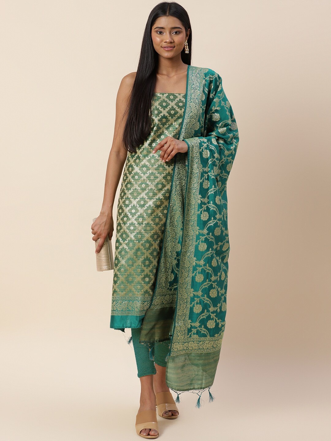 

Meena Bazaar Green Art Silk Unstitched Dress Material