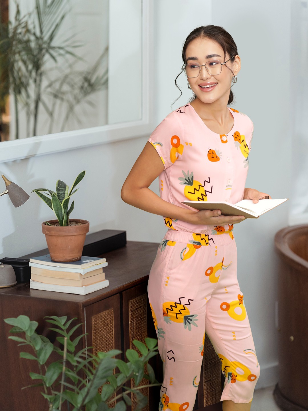

Sweet Dreams Printed Lounge Capri Jumpsuit, Peach