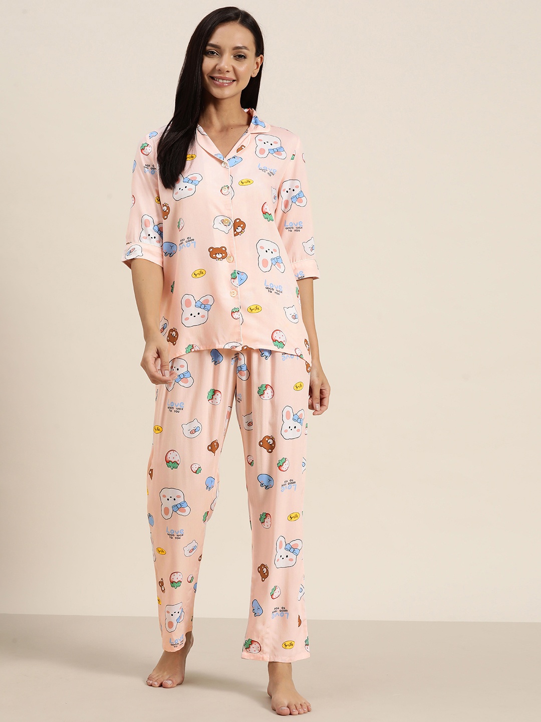 

Sweet Dreams Women Conversational Printed Night suit, Peach