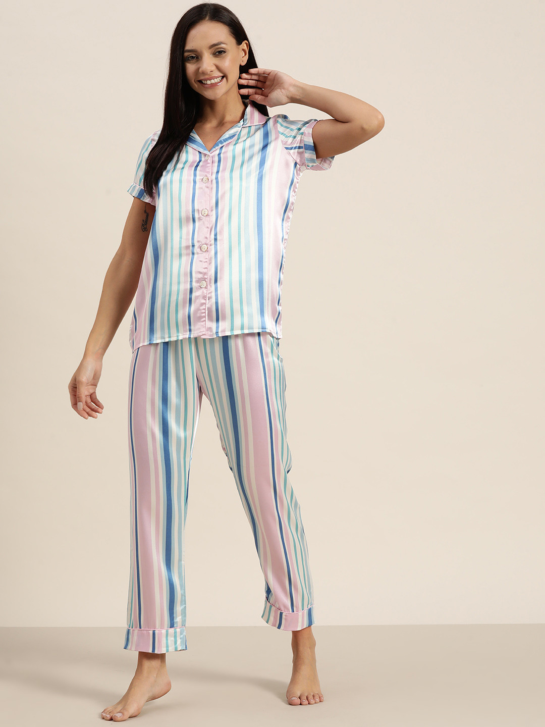 

Sweet Dreams Women Satin Finish Striped Night suit, Blue