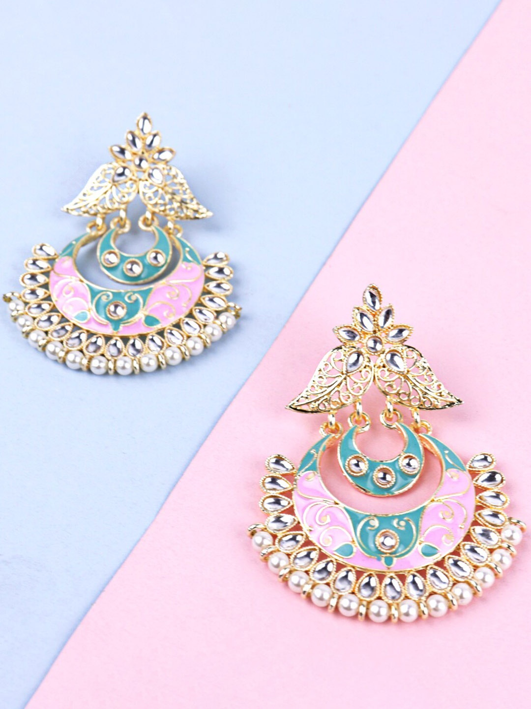 

Krelin Gold-Plated Kundan Contemporary Chandbalis Earrings, Pink