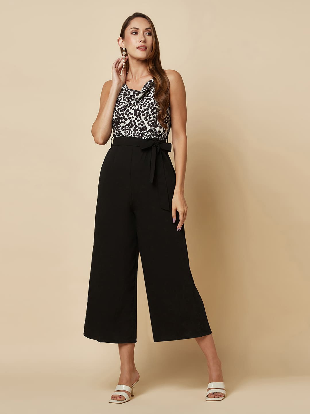 

RAASSIO Animal Printed Cowl Neck Basic Jumpsuit, Black