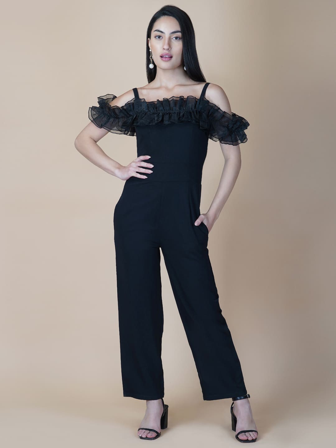 

RAASSIO Off-Shoulder Basic Jumpsuit with Ruffles, Black