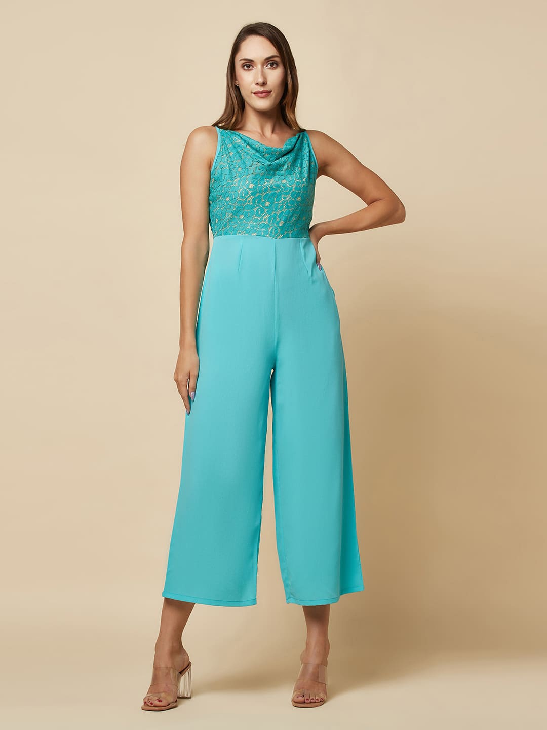 

RAASSIO Cowl Neck Basic Jumpsuit, Blue