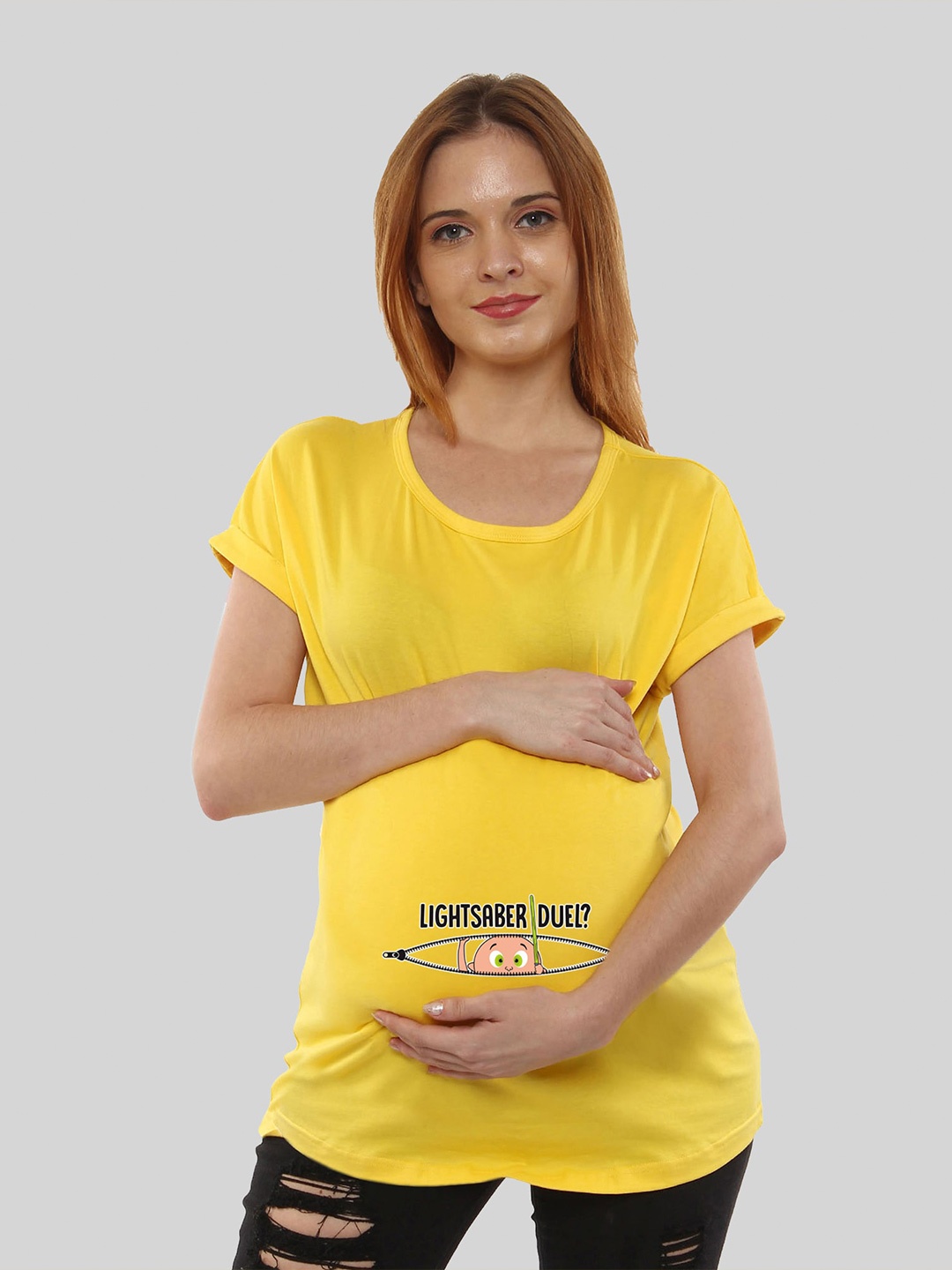

SillyBoom Typography Printed Dolman Sleeves Cotton Maternity T-Shirt, Yellow
