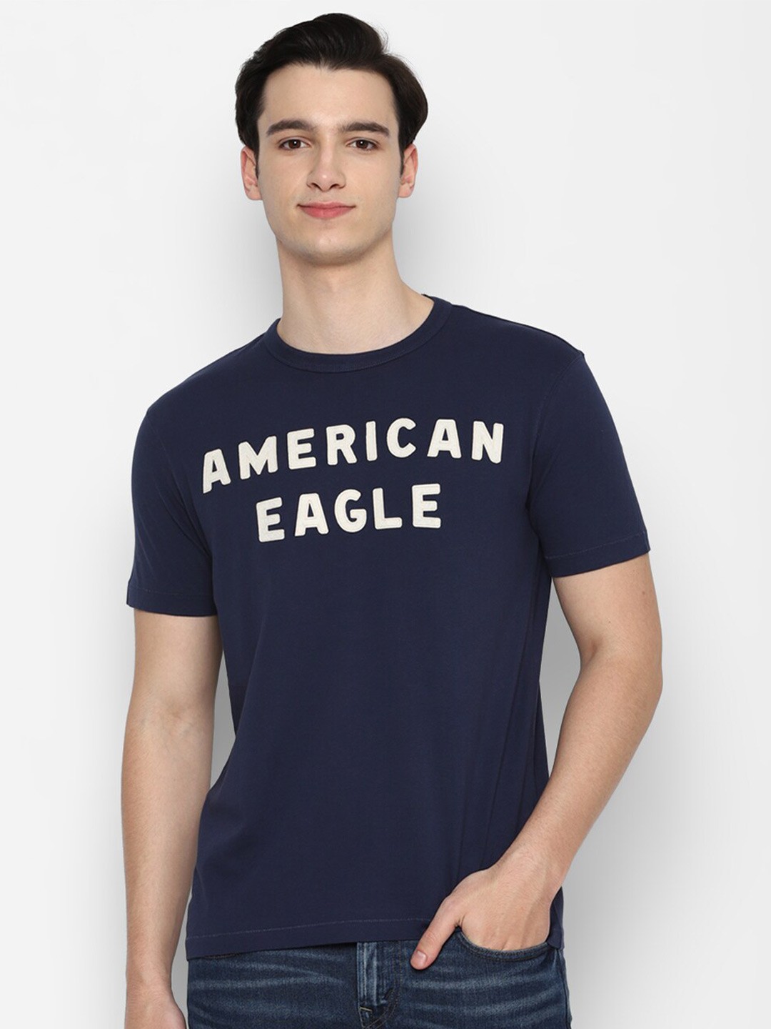 

AMERICAN EAGLE OUTFITTERS Typography Printed Pure Cotton T-shirt, Navy blue