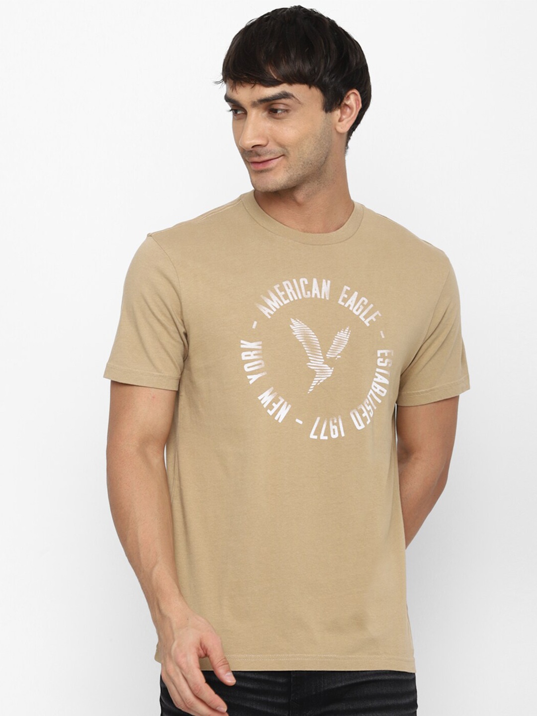 

AMERICAN EAGLE OUTFITTERS Typography Printed Pure Cotton T-shirt, Khaki