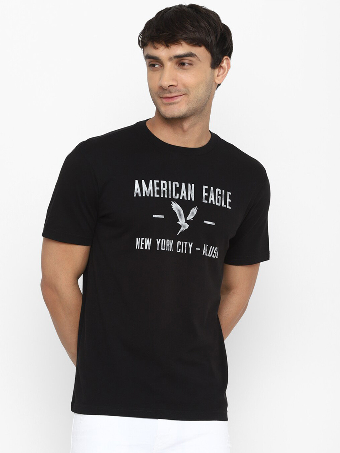 

AMERICAN EAGLE OUTFITTERS Typography Printed Pure Cotton T-shirt, Black