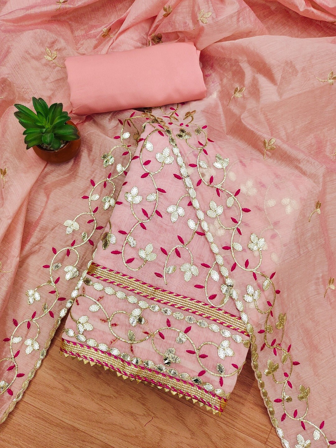 

KALINI Embroidered Art Silk Unstitched Dress Material, Pink