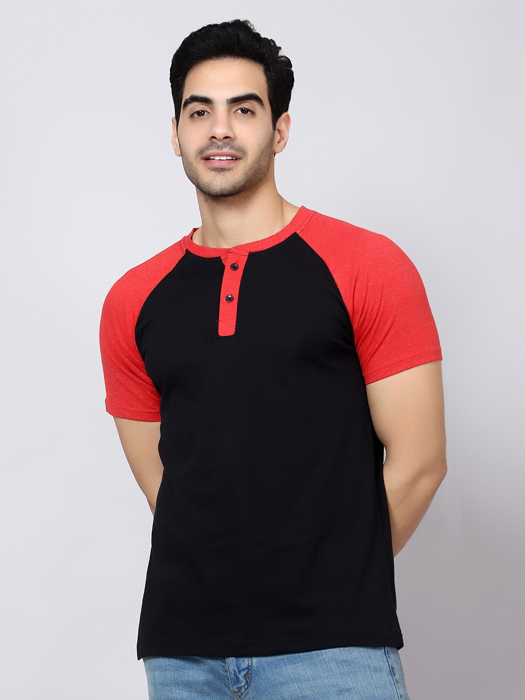 

DIAZ Henley Neck Raglan Sleeves Cotton T-shirt, Black