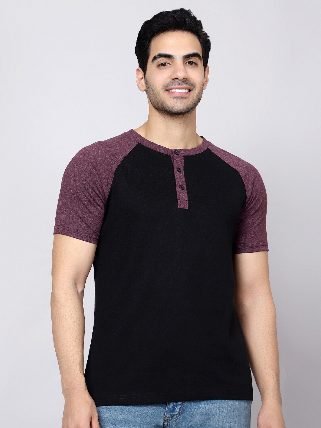DIAZ Colourblocked Henley Neck Cotton T-shirt, Black