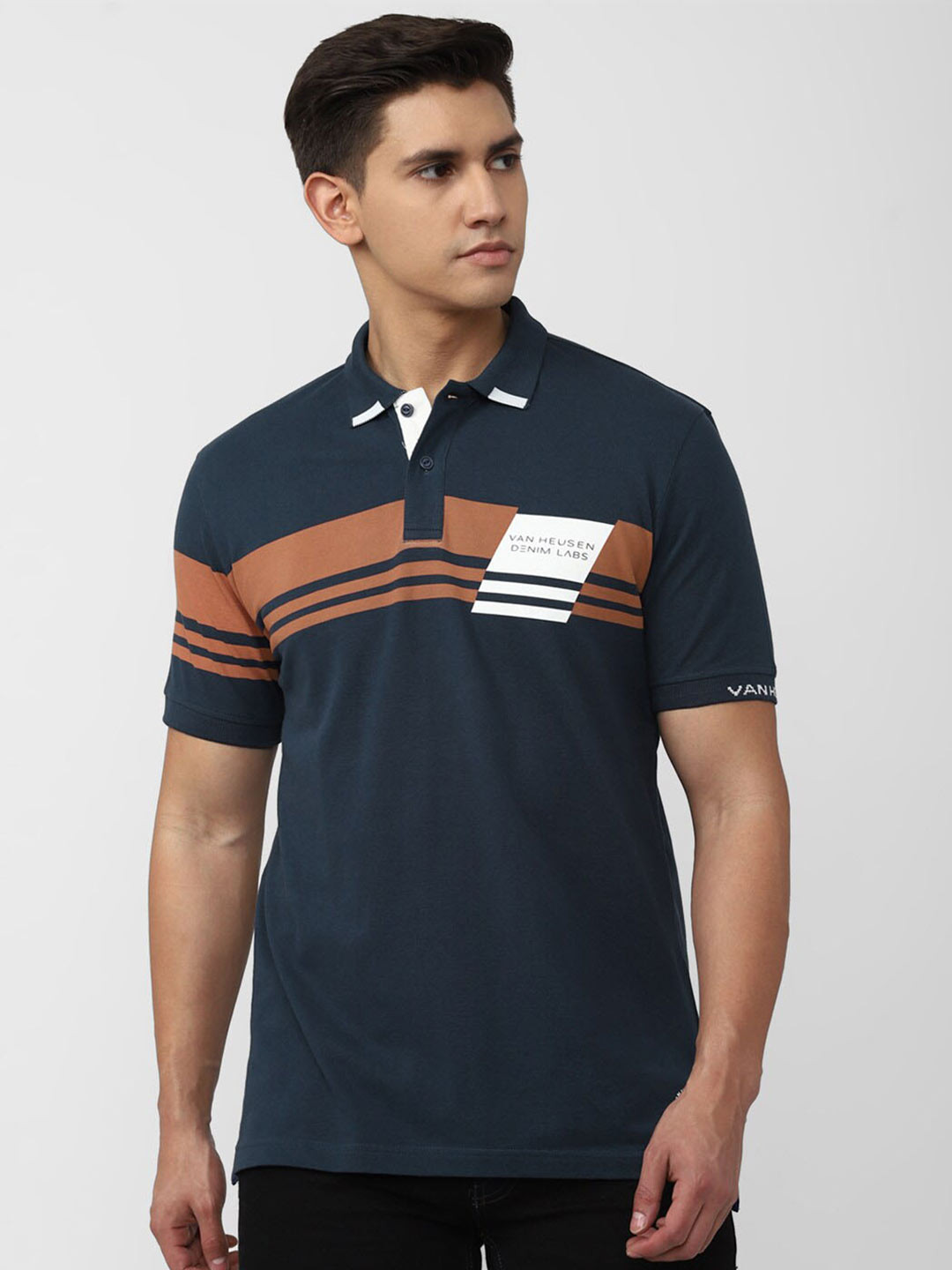 

VAN HEUSEN DENIM LABS Typography Printed Polo Collar Pure Cotton T-shirt, Blue