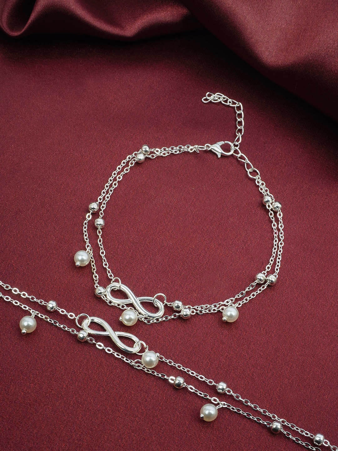 Ferosh Set Of 2 Pearl Beaded Anklets, Silver