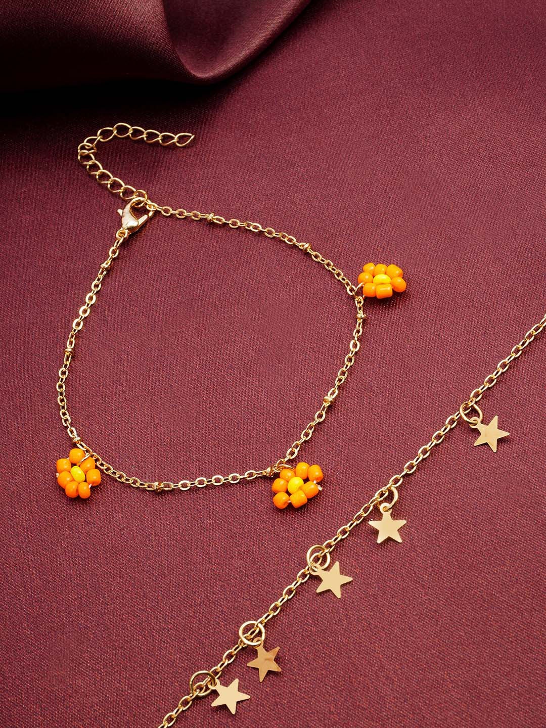 

Ferosh Set of 2 Flower Charm Anklets, Gold