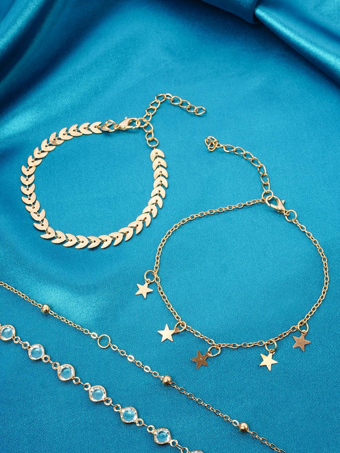 

Ferosh Set Of 2 Gold-Plated Star Charm Wheat Chain Artificial Stones Anklets