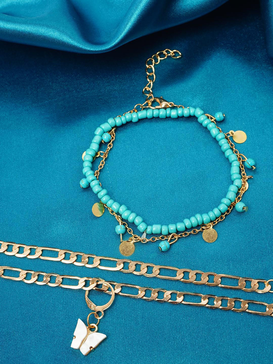 

Ferosh Set Of 2 Artificial Beads Butterfly Charm Anklets, Blue