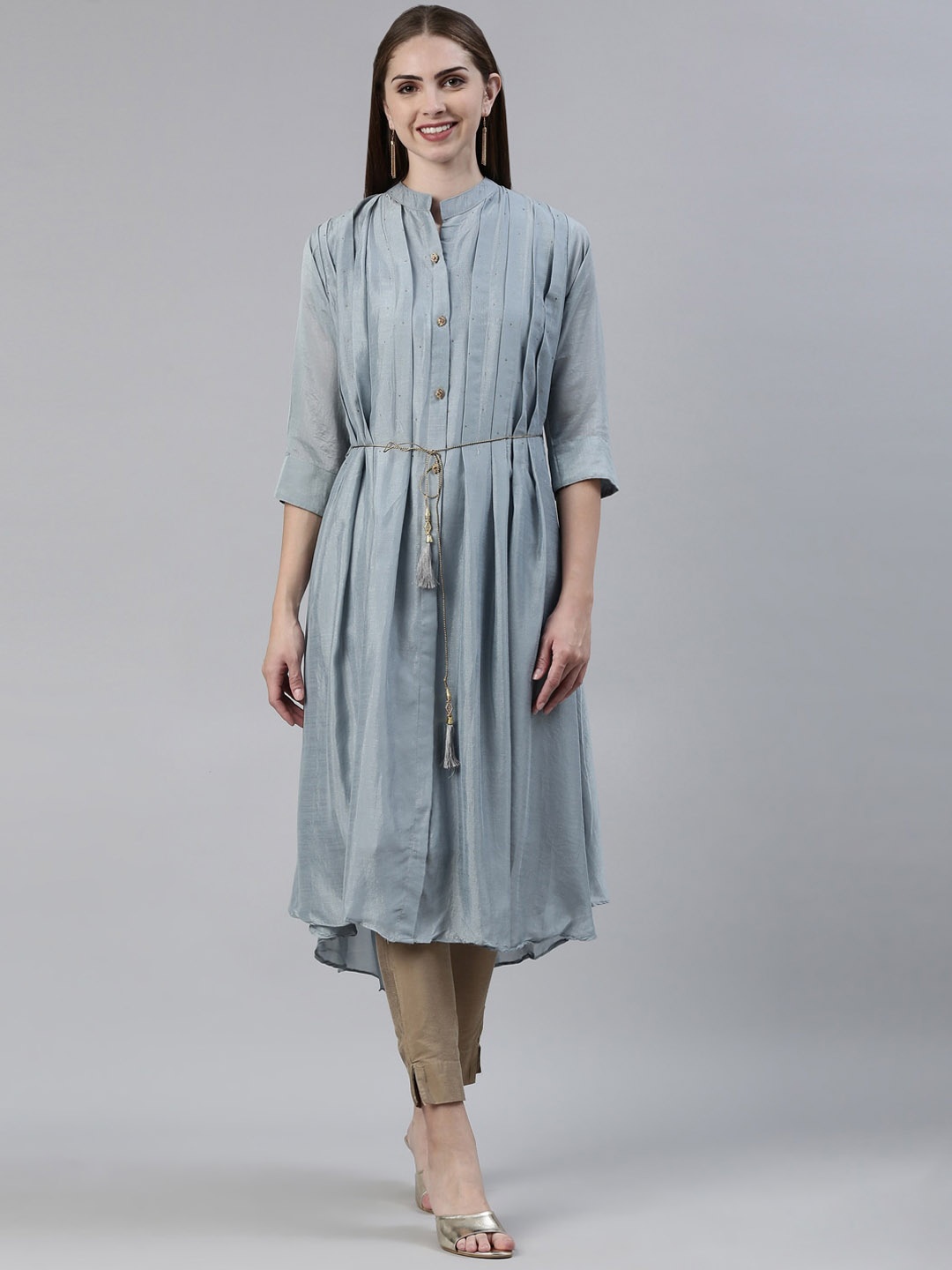 

Neerus Mandarin Collar Tie-Ups Crepe A-Line Kurta, Grey