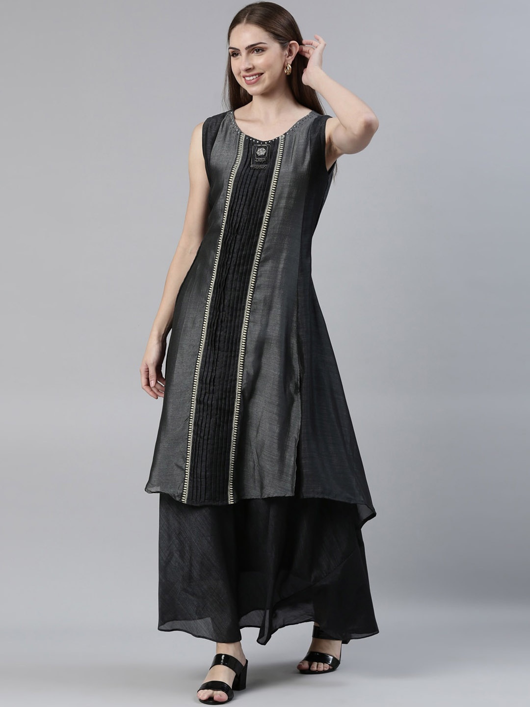 

Neerus Thread Work Sleeveless Panelled A-Line Crepe Kurta, Grey