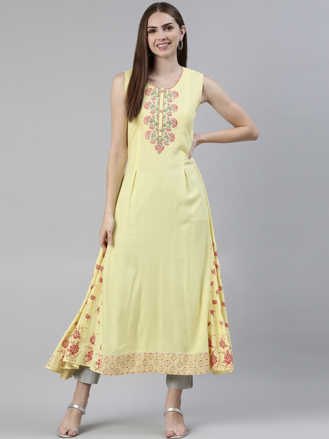

Neerus Floral Embroidered Mirror Work Kurta, Yellow