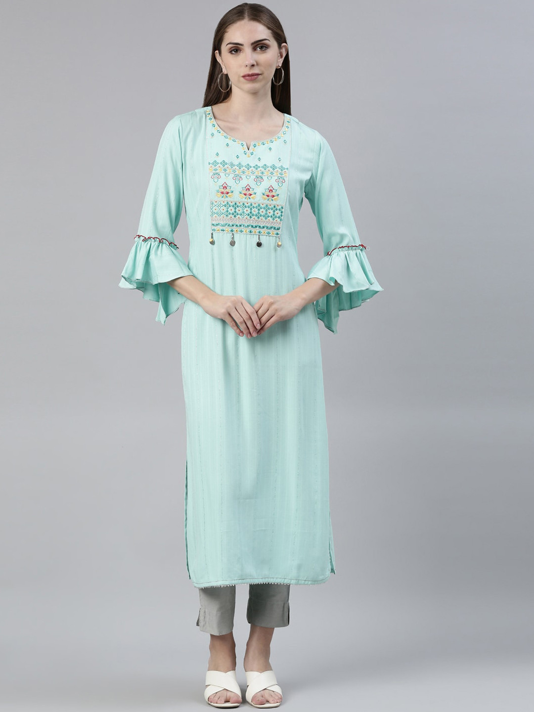 

Neerus Yoke Design Notch Neck Thread Work Straight Kurta, Sea green