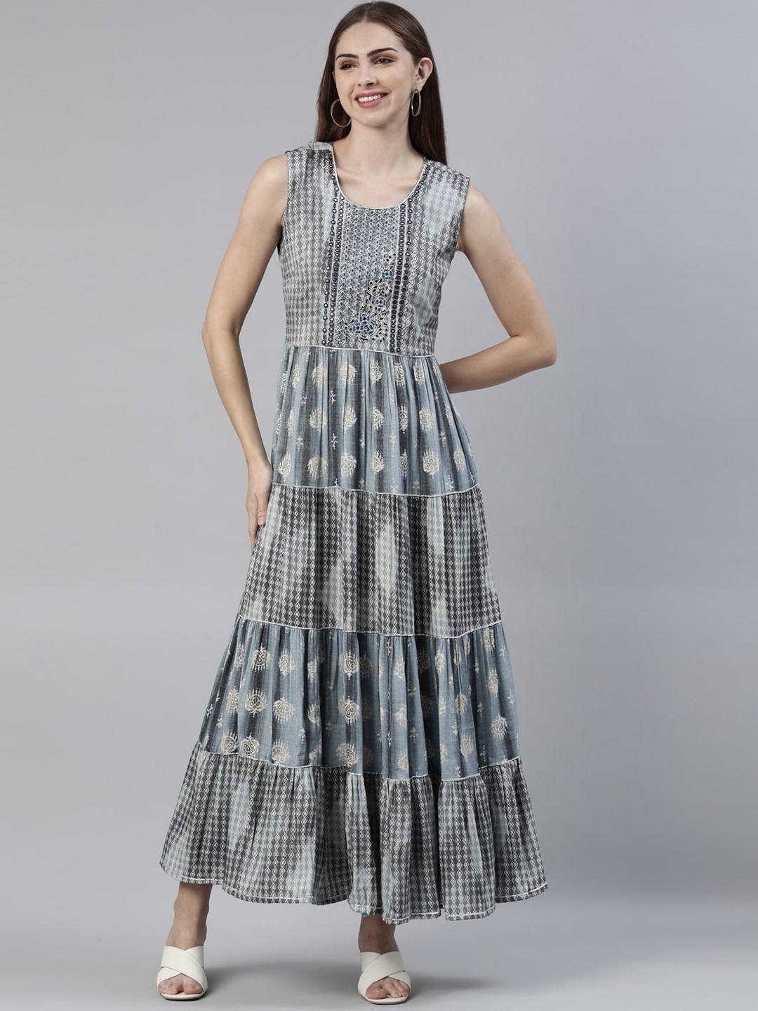 

Neerus Printed Embroidered Sleeveless Tiered Ethnic Dress, Grey