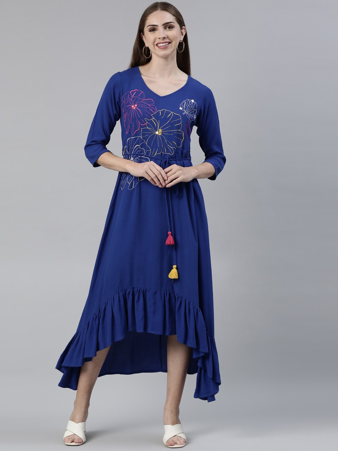 

Neerus Floral Embroidered V Neck Midi Dress, Blue