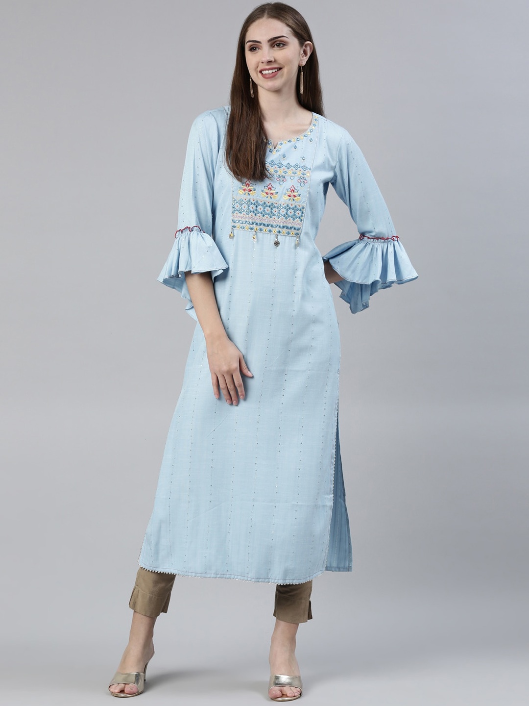 

Neerus Embroidered Notch Neck Thread Work Straight Kurta, Blue