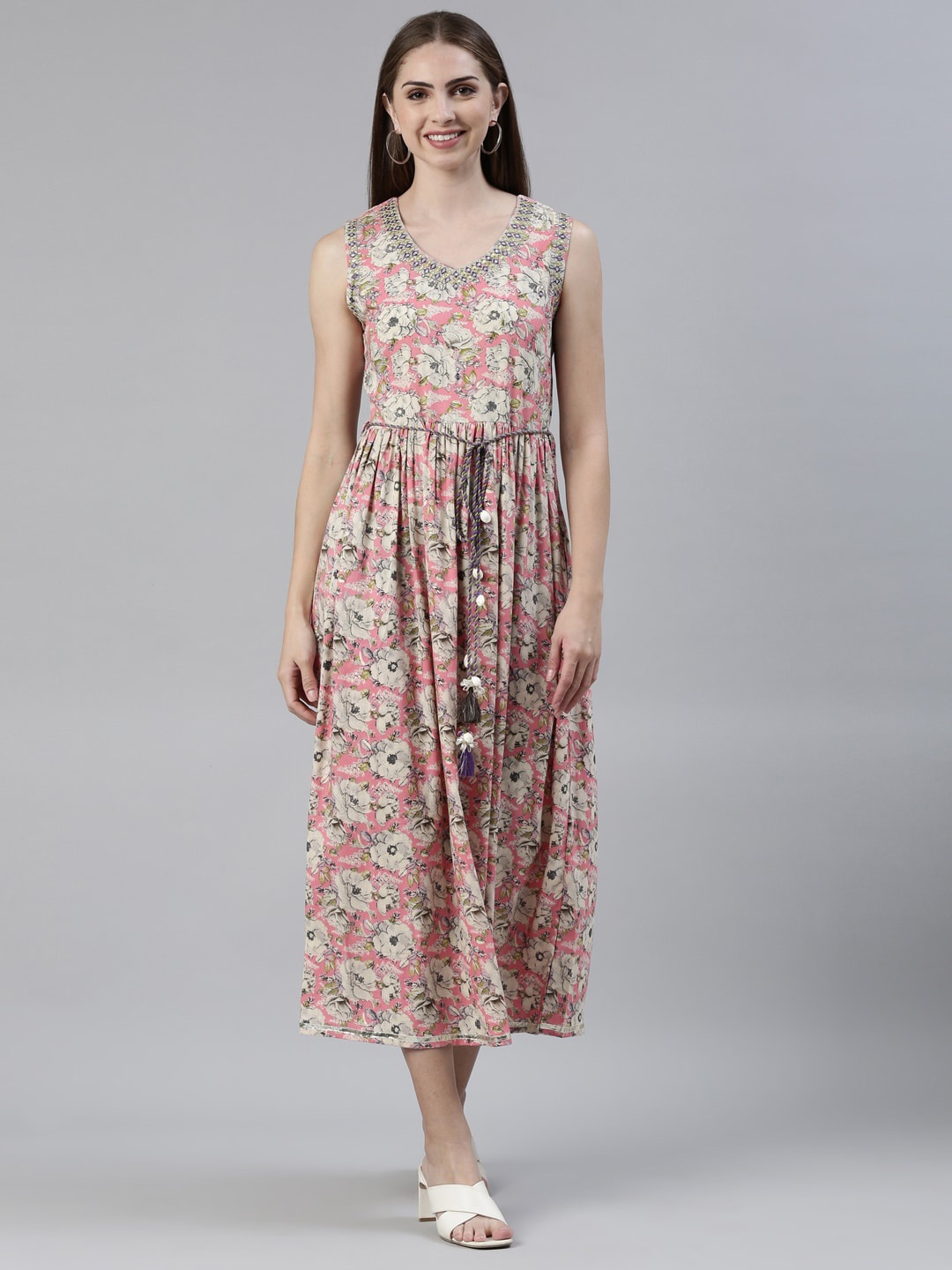 

Neerus Floral Printed V Neck Embroidered A-Line Dress, Pink