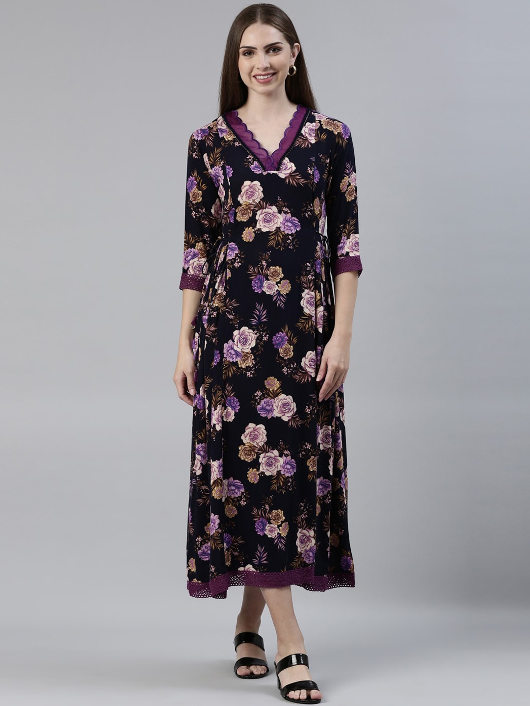 

Neerus Floral Printed A-Line Dress, Navy blue